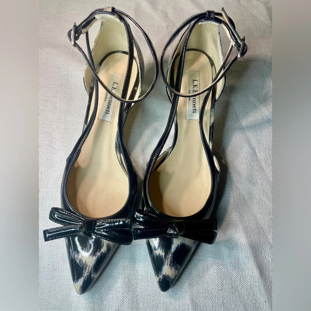 LK Bennett Patent Leather Leopard Print Pointed Bow Ankle-Strap Kitten Heels EUC